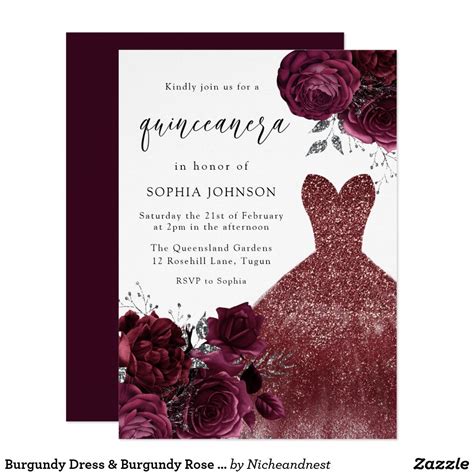 Burgundy Dress & Burgundy Rose Quinceanera Invitation in 2020 | Burgundy invitations ...