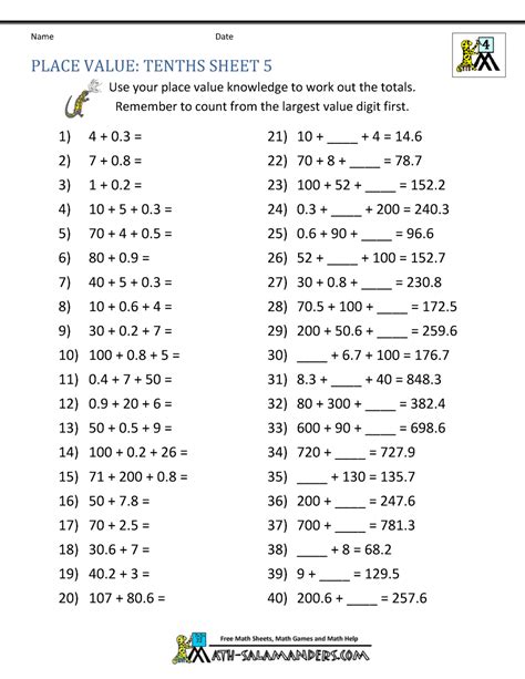 Decimal Place Value Worksheets Grade 4 Math Worksheets Convert