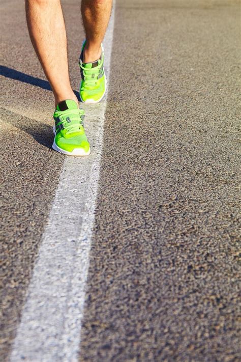 Runner Man Feet Running On Road Closeup On Shoe Stock Image Image Of
