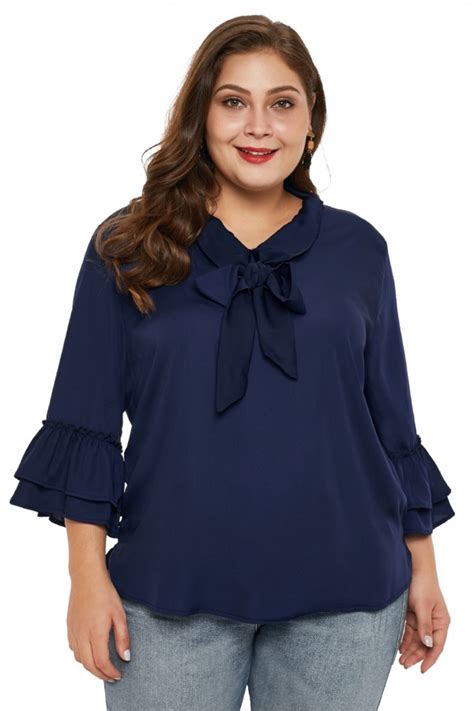 Navy Blue Tie Neck Ruffle Sleeved Plus Size Blouse Spring Tops Casual