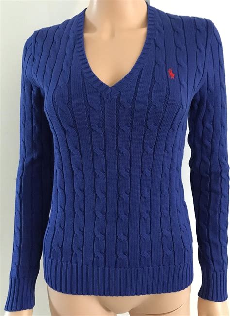 Ralph Lauren Ladieswomens Luxury V Neck Jumpersweater Smlxl 100 Cotton Cable Knitroyal