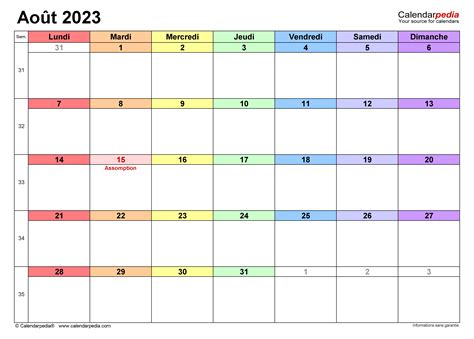 Calendrier Août 2023 Excel Word Et Pdf Calendarpedia