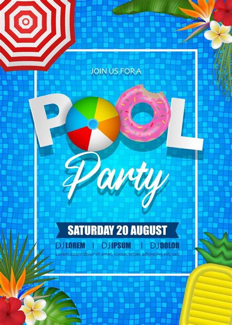 Summer Pool Party Poster With Inflatables Tropical Leaves And Beach