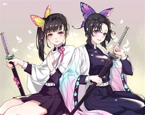 2girls Black Hair Butterfly Cape Gradient Japanese Clothes Katana