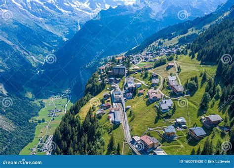 Amazing Aerial View Over The Village Of Murren In The Swiss Alps Stock