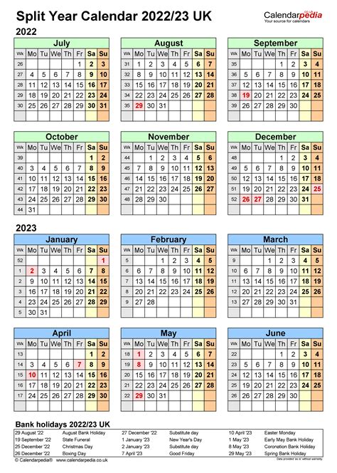 Split Year Calendars 202223 Uk July To June For Pdf