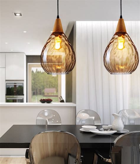 Lukloy Modern Led Pendant Lights Water Drop Glass Wood Loft Pendant Lamp Ceiling For Loft