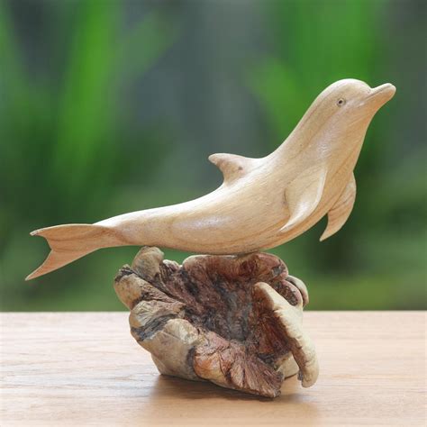 Hand Carved Jempinis Wood Leaping Dolphin Tree Sculpture Joyous