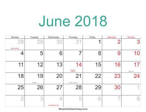 June 2018 Calendar Printable With Holidays Whatisthedatetodaycom