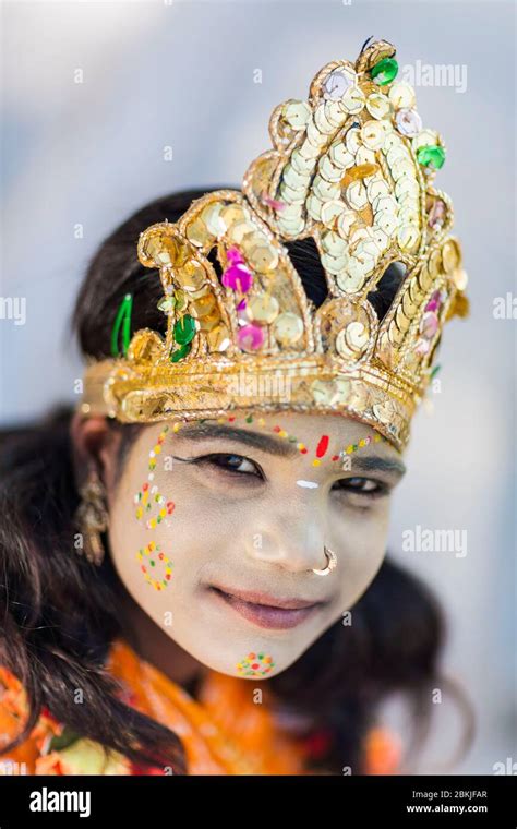 India Rajasthan Udaipur Portrait Of A Smiling Girl Disguised As The