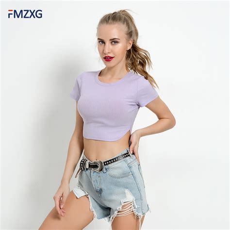 Blue Tee 2018 New T Shirt Summer Women Short Sleeve Exposed Umbilical