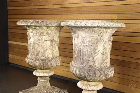 Pair Of Weathered Ornate Composition Stone Urns Willmow Reclamation