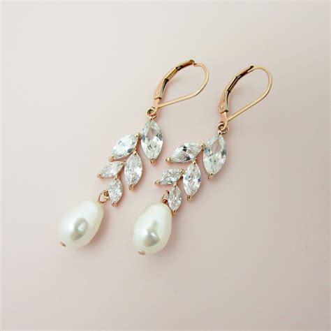 rose gold bridal earrings crystal dangle pearl wedding earrings in rosegold 6023 bridal