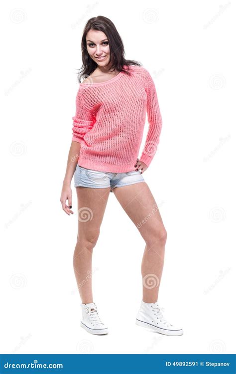 Girl In Shorts Jeans Standing On A White Stock Image Image Of