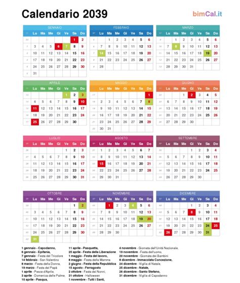 Calendario 2039 Italia Bimcalit