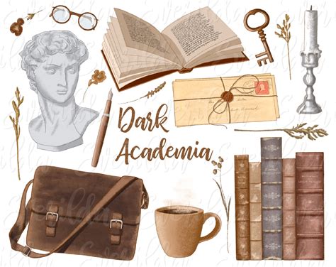 Dark Academia Aesthetic Clip Art Hand Drawn Old Fashioned Vintage