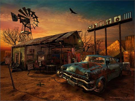 Abandoned Car Derelict Gas Station Rusty Sunset Bygones Post