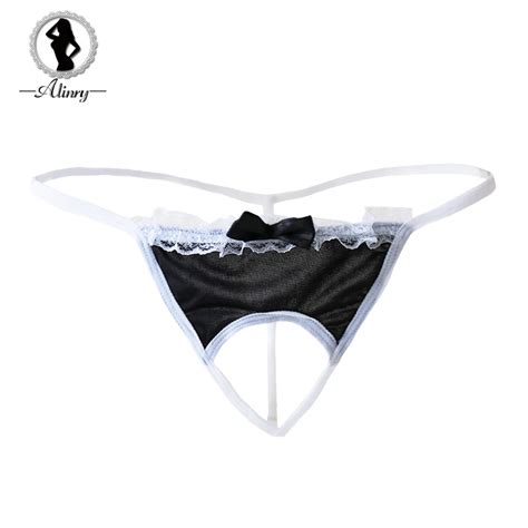 Alinry New Sexy Lingerie Hot Black Bow Lace Sexy Panties Open Crotch Underwear Women Crotchless