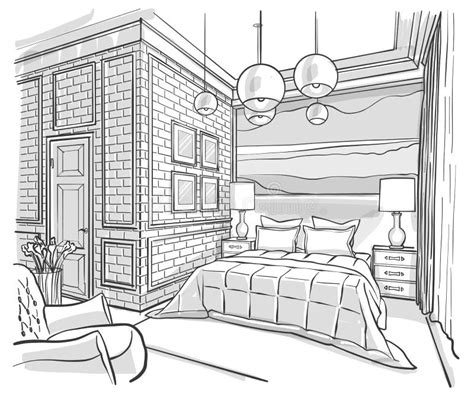 Bedroom Interior Outline Vector Sketch Drawing Stock Vector