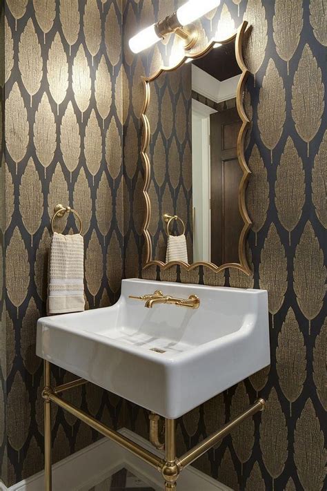 Golden Metallic Wallpaper Bathroom Powder Room With Golden Metallic