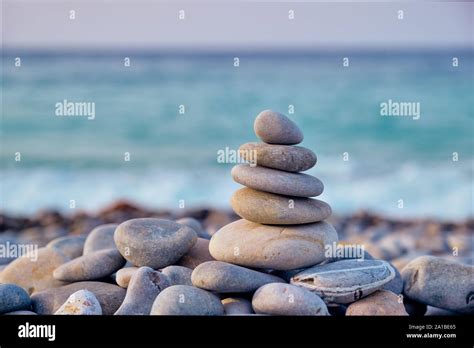 Zen Balanced Stones Stack On Beach Stock Photo Alamy