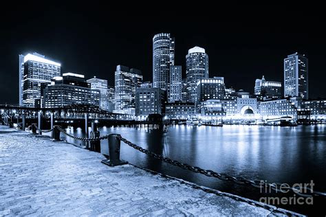 Blue Boston Skyline At Night And Harborwalk Photo