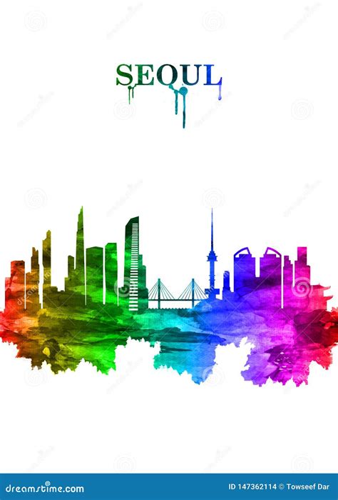 Seoul South Korea Skyline Portrait Rainbow Stock Illustration