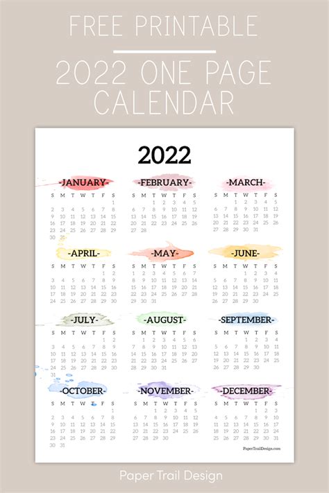2022 One Page Calendar Printable Watercolor Paper
