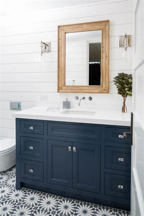 Navy Blue Washstand On White Shiplap Wall Transitional Bathroom