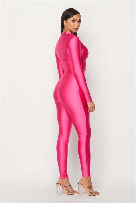 Nylon Spandex Zip Up Long Sleeve Jumpsuit In Baby Pink
