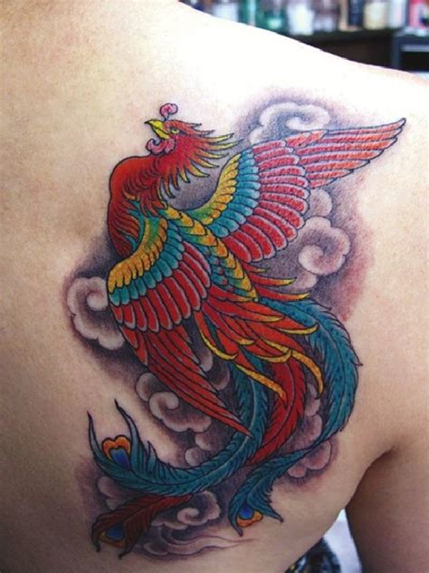 Grey Ink Phoenix With Flowers Tattoo On Right Back Shoulder