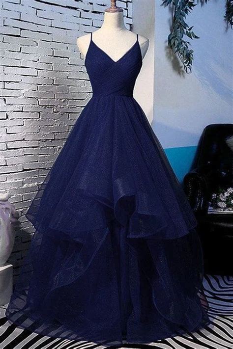Fluffy V Neck Navy Blue Long Prom Dress With Straps V Neck Navy Blue