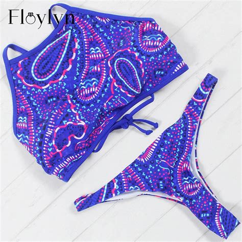 Floylyn New High Neck Sexy Triangle Thong Bikini Set Bandage Women Push
