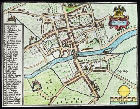 A Map Of Old Bedford By John Speed From 1610 Exhibited On The Wall At