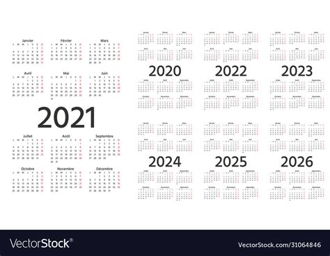 French Calendar 2021 2022 2023 2024 2025 2026 Vector Image
