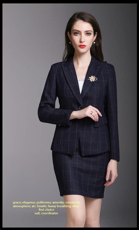 Grace Navy Grid Goddess Suits Womens Short Skirt Suits Business Work Suits Office Lady Suits