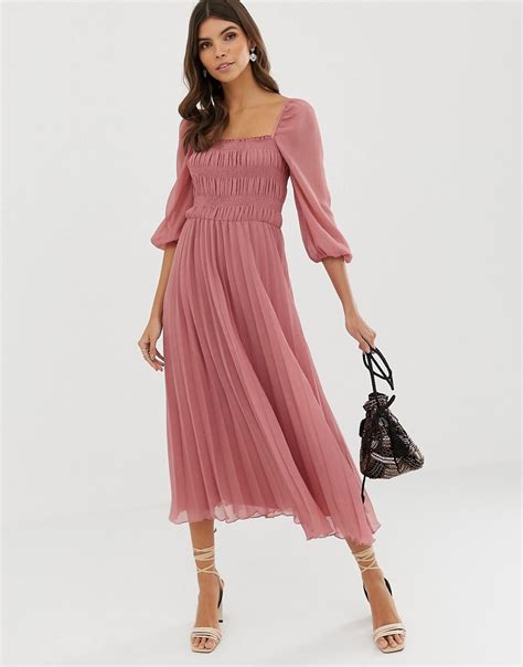 Asos Design Shirred Pleated Midi Dress Pink Modesens