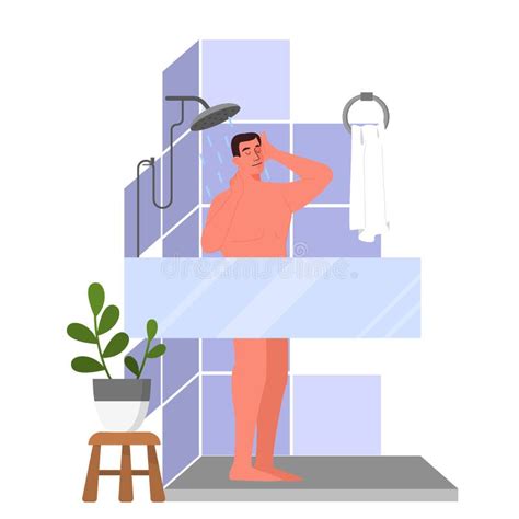Vector Illustration Of A Man Taking A Shower In The Morning Stock