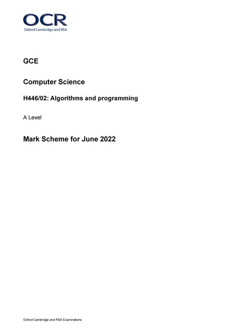H446-02 OCR A Level 2022 Computer Science MARK Scheme Paper 2 - Oxford
