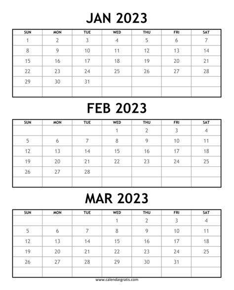 January February March 2023 Calendar Printable Three Month Calendar