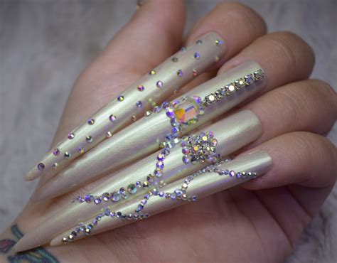 White Pearl Crystal Fake Nails Super Long Stiletto False Etsy