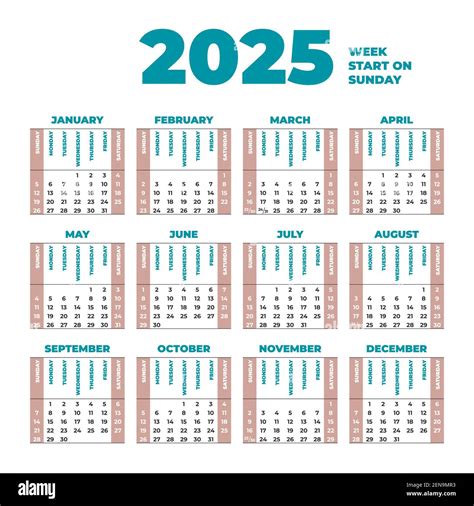 2025 Calendar template with weeks start on Sunday Stock Vector Image