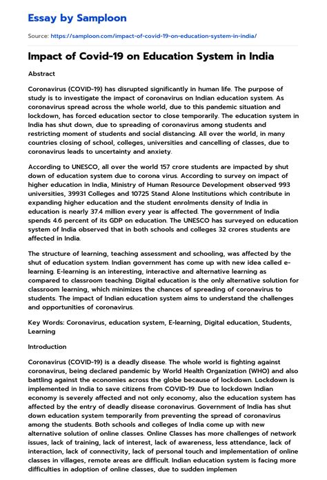Impact Of Covid 19 On Education System In India Free Essay Sample On