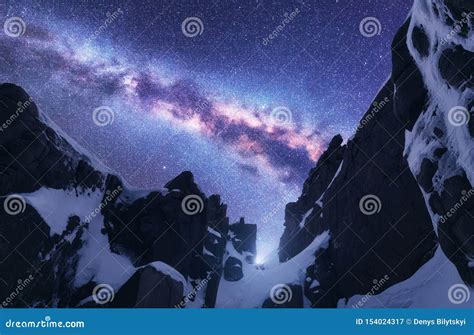 Milky Way And Snowy Mountains At Starry Night Stock Image Image Of