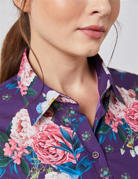 Cotton Women S Semi Fitted Shirt With Floral Print And Single Cuff In Purple And Pink Hawes