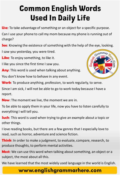 Common English Words Used In Daily Life English Grammar Here