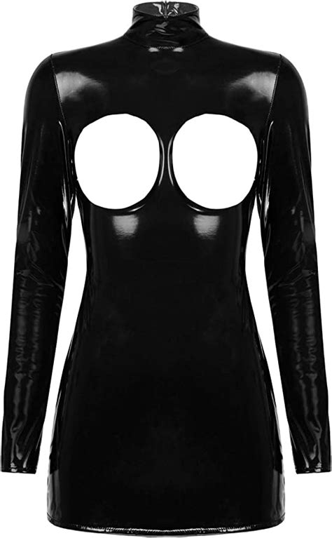 Yizyif Womens Latex Mini Dress Faux Leather Cutout Harness Backless Bodycon Party