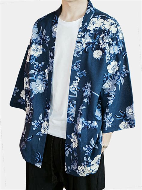 Mens Japanese Style Floral Cardigan Kimono Loose Coat Kimono Jacket