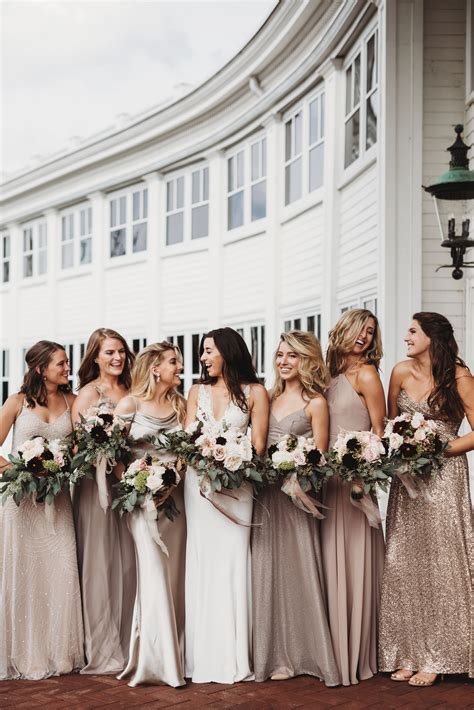 Elegant Bridesmaids In Metallic And Neutral Dresses Glitter