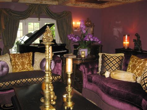 Hot pink ottomans, plum pillows and a turquoise chaise pop against beige walls to add a contemporary flair ideal for a calming deep plum + antique white. Elegant Plum colored living room - Traditional - Living ...
